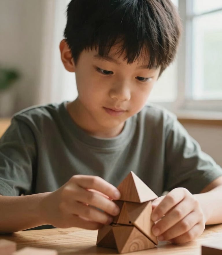 A young student in natural window light focusing on a wooden geometry puzzle, warm editorial photography, shallow depth of field