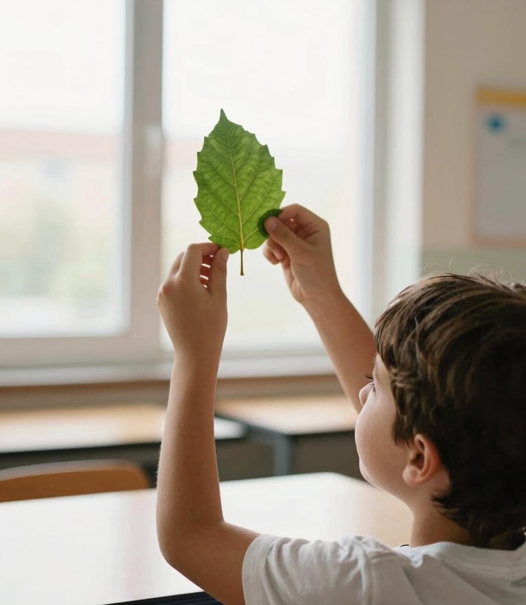 Medium shot of a young child examining a leaf specimen under soft natural window light, modern classroom setting, shallow depth of field, warm editorial 35mm photography.