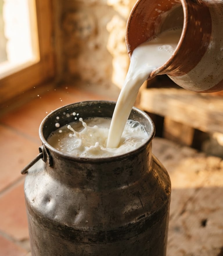 Tactile close-up of thick fresh milk pouring into a traditional steel milk can, warm early morning golden-hour light with soft side shadows, rich cream and terracotta tones, 50mm lens