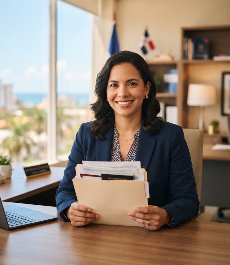 A professional consular advisor in a bright, sunlit office in Santo Domingo, holding a neat folder of travel documents, smiling reassuringly, warm corporate tones, shallow depth of field