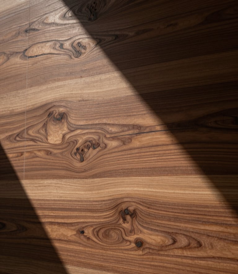 Low-angle natural mountain light cast across a textured hand-carved walnut wood panel, deep soft shadows, architectural scale.