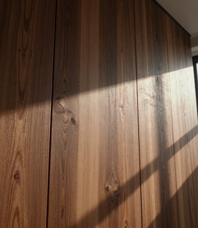 Low-angle natural mountain light hitting a textured walnut wood wall panel installation, casting deep soft shadows.