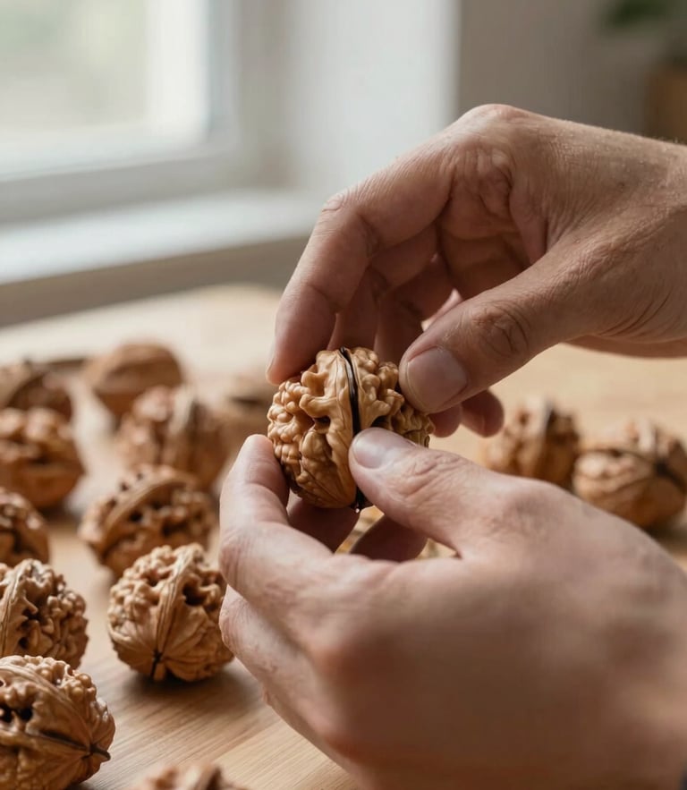 Close-up of hands detailing a physical walnut wood installation, soft natural light filtering through a studio window, high-texture grain details.