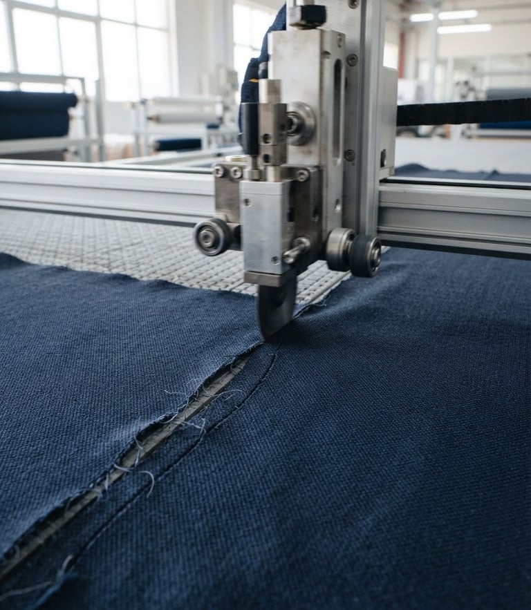 Macro shot of high-speed cutting machines slicing technical navy blue fabric in a bright, modern UAE manufacturing facility, natural daylight.