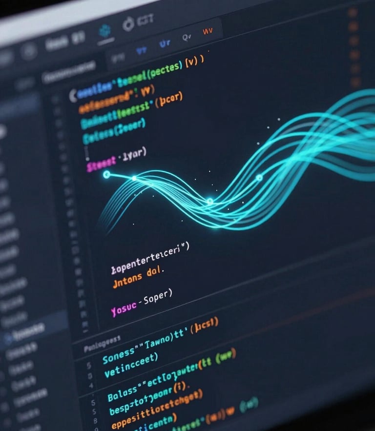 Isometric close-up mockup of a high-performance web interface on a dark screen, showing clean code lines, technical metrics, and glowing electric cyan data flow lines under cool studio lighting.