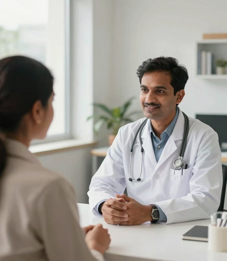 Warm editorial photography, soft natural daylight, a professional Indian medical specialist consulting with a patient in a bright, modern hospital office, reassuring and clinical mood, 35mm lens
