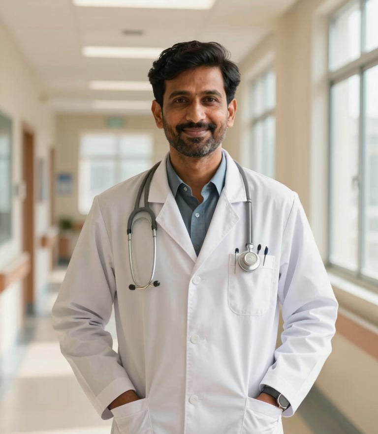A warm editorial portrait of a professional Indian medical doctor in a bright, modern hospital corridor, soft natural daylight, reassuring atmosphere.