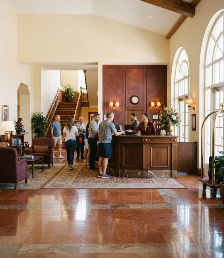 A warm, brightly lit hotel lobby entrance with cream walls, polished floors, and a welcoming reception desk, natural daylight, 35mm photography
