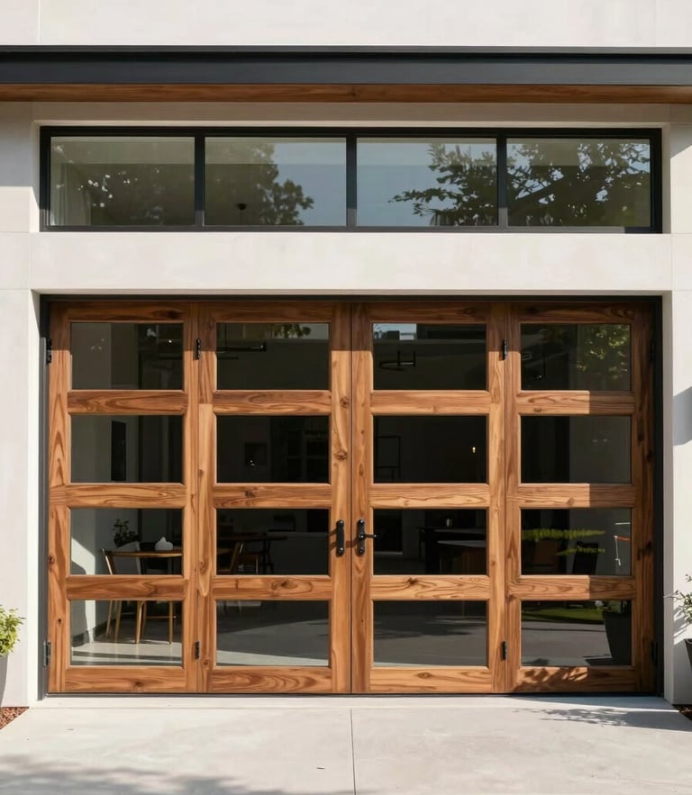 Straight-on architectural photograph of a modern glass and custom timber garage door facade on a luxury Bloomfield Hills estate, bright natural daylight, crisp clean shadows.