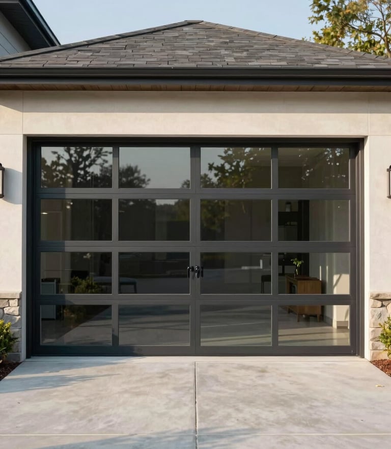 A straight-on architectural shot of a modern glass-paneled garage door on a high-end Bloomfield Hills home, clean concrete driveway, crisp morning daylight.