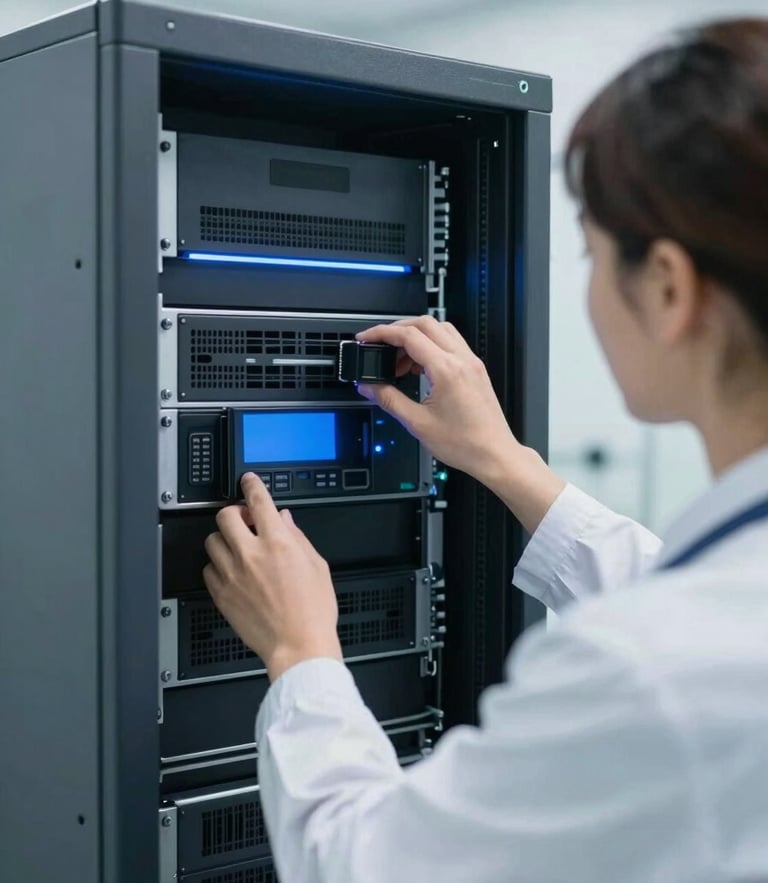 Over-the-shoulder shot of a clinical IT administrator configuring a PACS server in a bright server room, soft blue LED glows, professional medical tone, 35mm lens