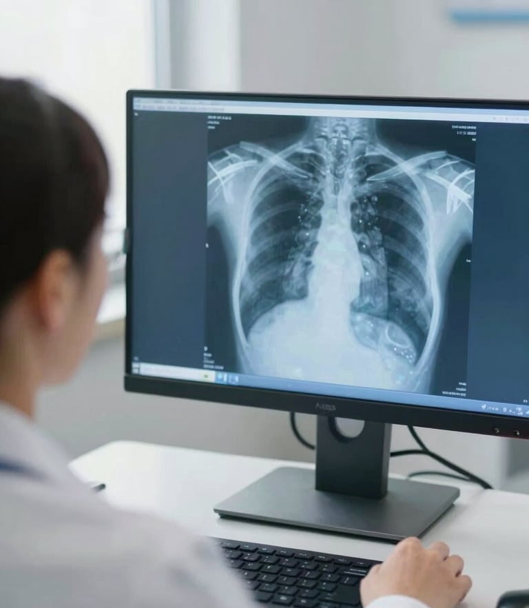 Over-the-shoulder shot of a radiologist in a bright clinical room analyzing a chest CT scan on a high-resolution diagnostic monitor with subtle blue screen glow, 35mm lens