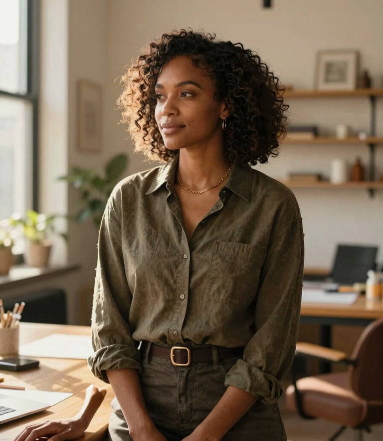 Warm editorial portrait of a Black woman entrepreneur in a sunlit, high-end design studio, looking confidently toward the left, medium format photography.