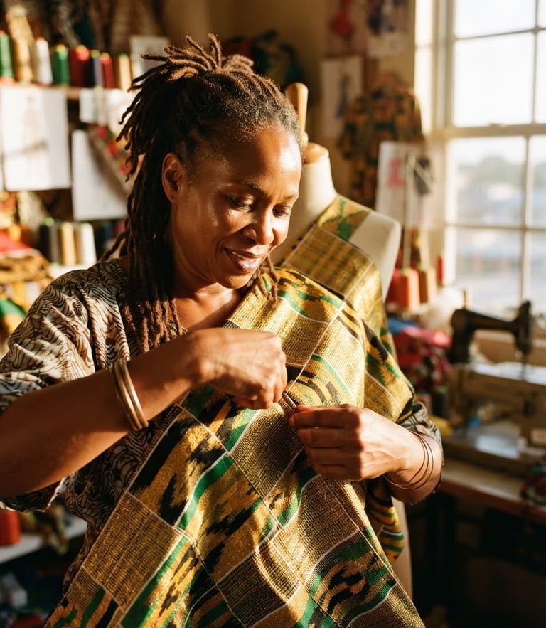 Dynamic close-up of a Jamaican fashion designer adjusting a vibrant gold and green textile in a sunlit Kingston studio, 35mm film grain