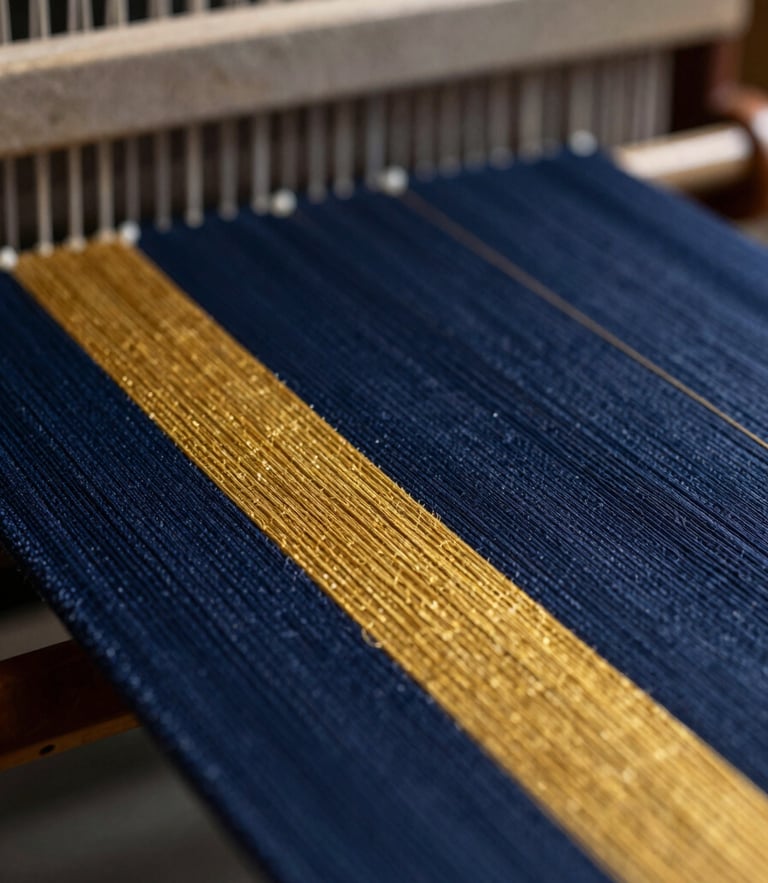 Macro close-up of premium navy and gold threads on an industrial loom, dramatic side lighting, shallow depth of field, 85mm lens