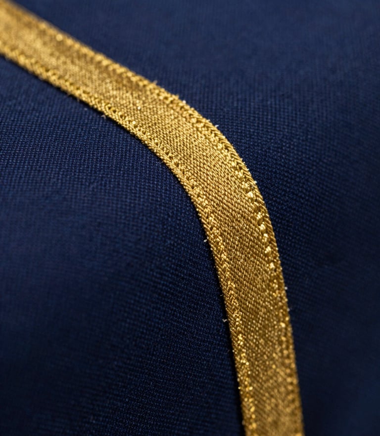 Macro close-up of dark navy blue premium cotton fabric weave, dramatic side studio lighting showing rich texture and gold-threaded selvage, shallow depth of field