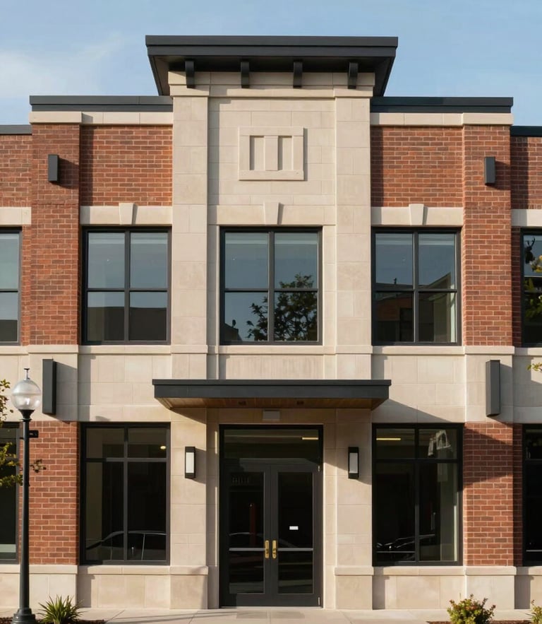 Straight-on, symmetrical architectural shot of a modern brick and stone commercial building exterior in Cheyenne under bright, natural daylight with clear sky.