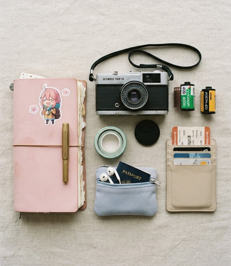 A minimalist flat-lay of travel essentials, a vintage film camera, a small anime sticker on a notebook, soft overcast daylight, pastel tones, 35mm film aesthetic