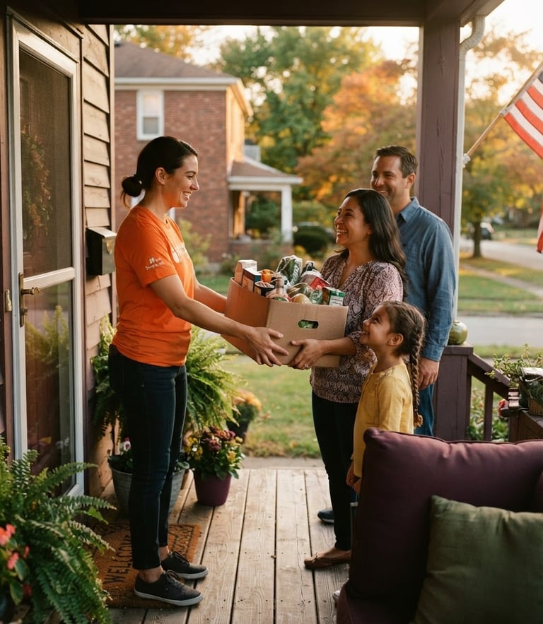 A warm candid photo of a volunteer in a bright orange shirt handing a box of fresh groceries to an appreciative family on an Ohio porch, soft golden hour sunlight, rich tones.