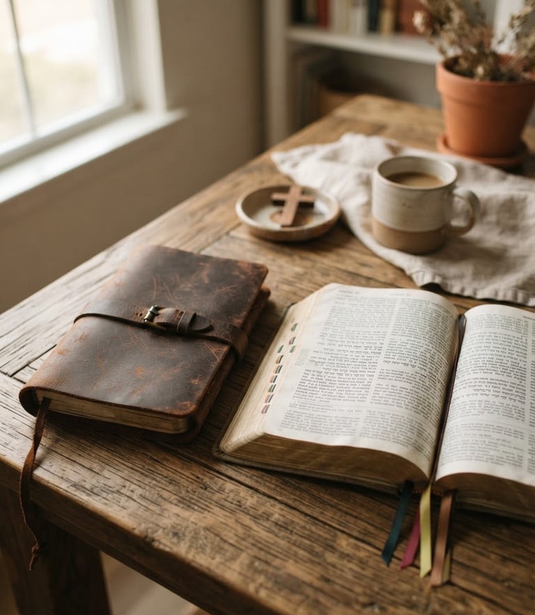 A closed leather journal next to an open Bible on a rustic wooden table, soft morning window light, warm terracotta tones, shallow depth of field, 35mm photography