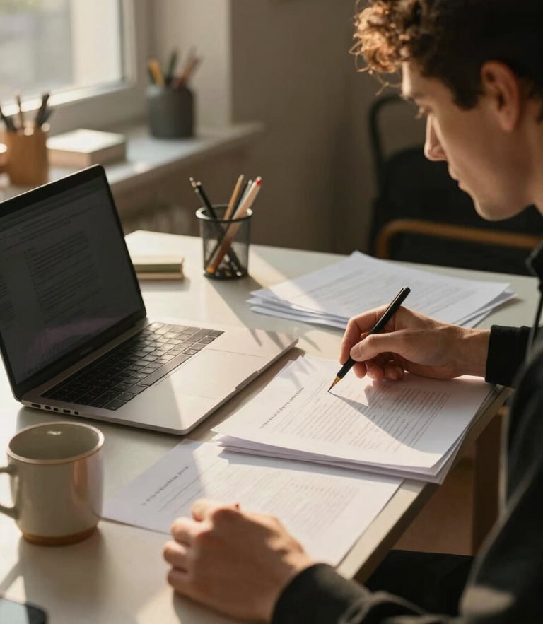 Candid, cinematic medium shot of a sun-drenched creative studio desk, hands organizing papers next to a sleek laptop and a ceramic mug, warm golden hour side-lighting