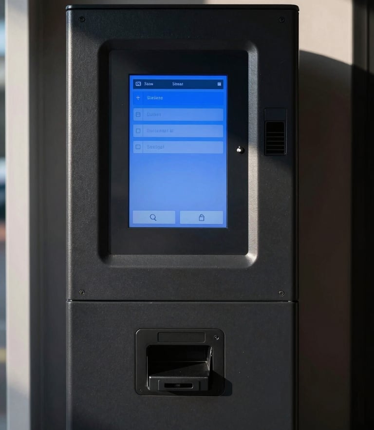 Straight-on orthographic shot of a sleek black contactless vending terminal interface, glowing electric-blue digital payment screen, sharp architectural shadows
