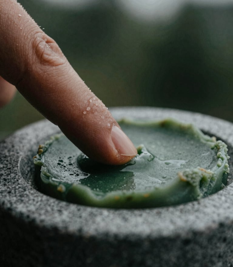 Extreme macro close-up of a warm fingertip scraping solid botanical wax from a hand-carved grey soapstone compact, moody overcast daylight, deep shadows.