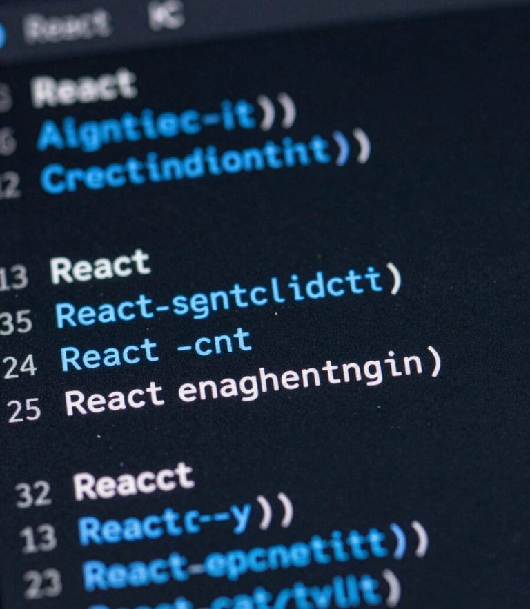 Macro close-up of a dark-mode IDE showing clean React code, electric blue syntax highlighting, soft screen glow, shallow depth of field.