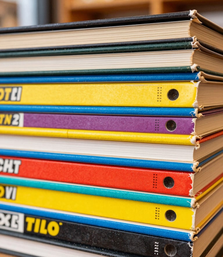 Macro eye-level shot of stacked vintage comic book spines, warm shop lighting, vibrant saturated colors, 35mm lens