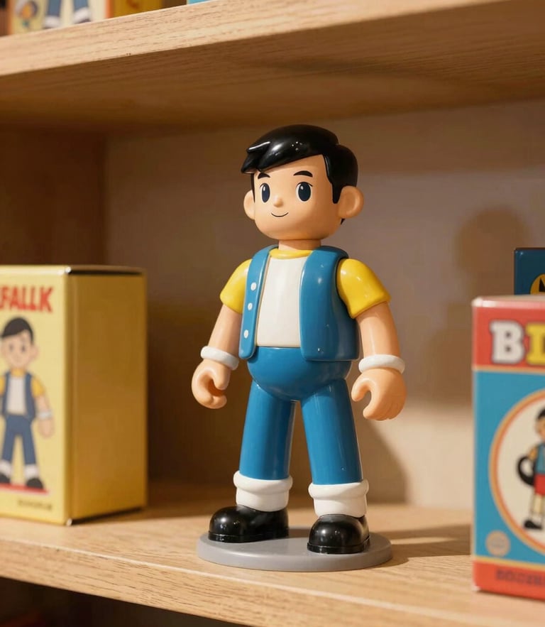 Vibrant editorial photography of a vintage action figure on a wooden shelf, warm interior shop glow, 35mm lens