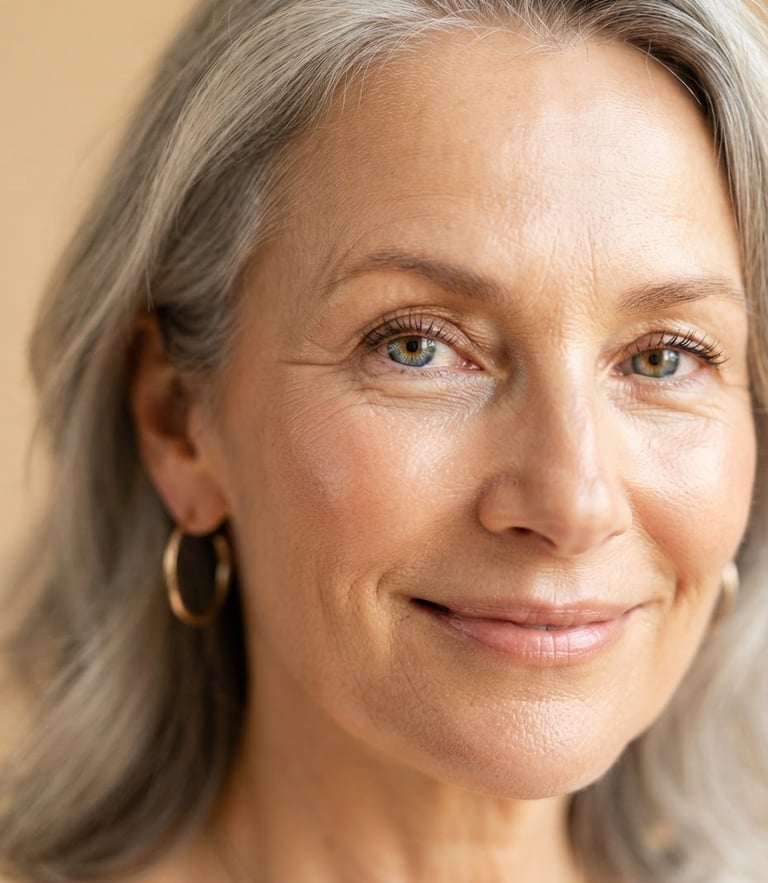 Macro close-up of an elegant woman with healthy aging skin, smiling softly in bright morning window light, warm beige background, clean clinical editorial style