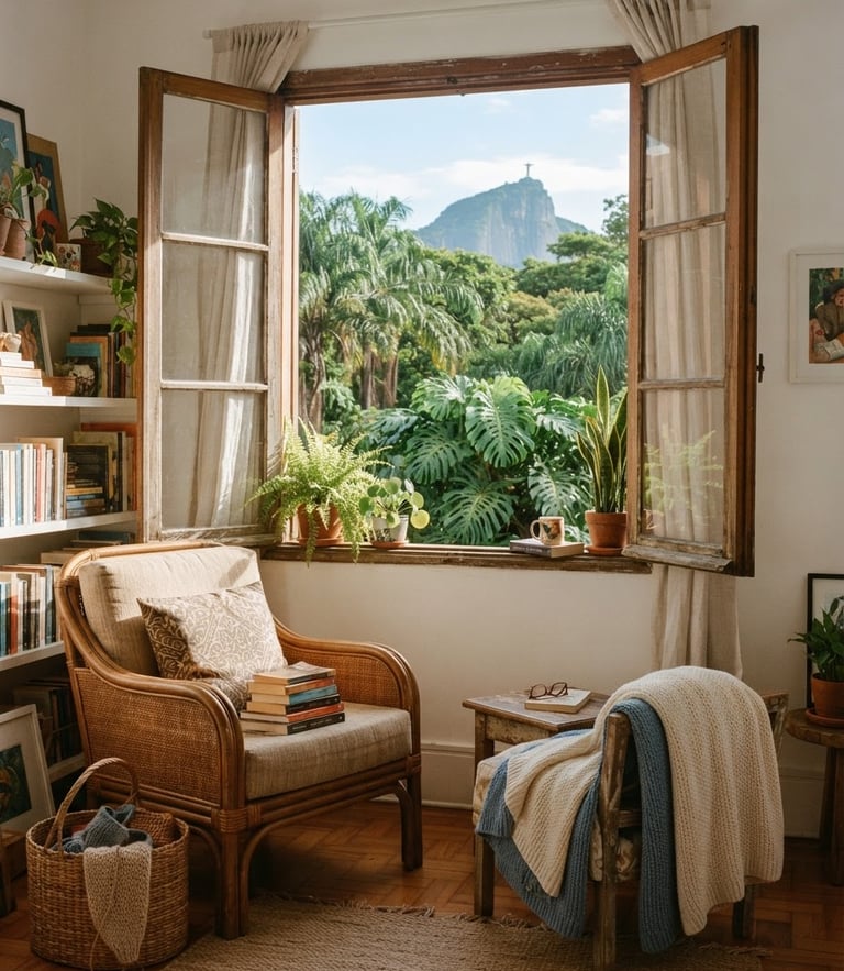 Bright sunlit apartment interior in Rio de Janeiro, a cozy reading nook near a window looking out to lush trees, warm daylight, 35mm film