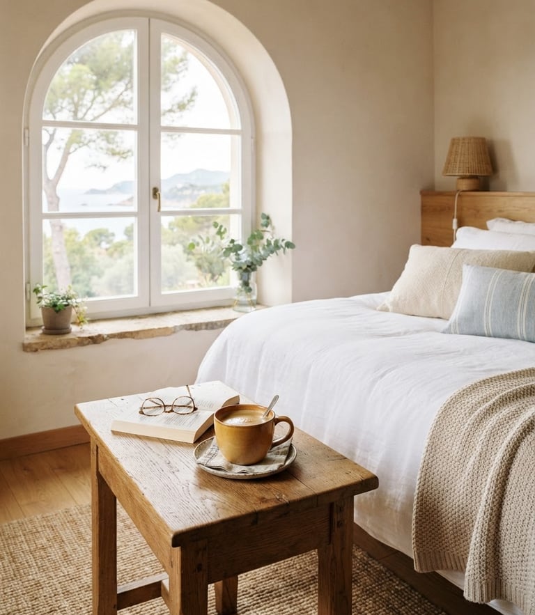 Bright editorial interior photography, natural daylight streaming through an arch window, clean white linens, a warm cup of coffee on a wooden table, 35mm film.