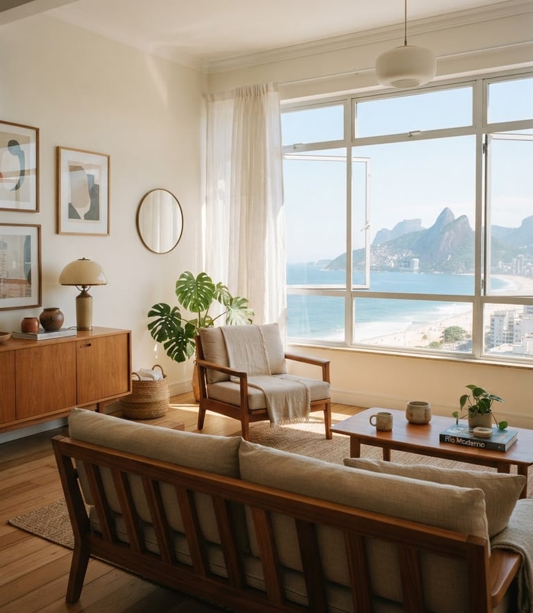 bright editorial interior photography of a sunlit living room in Rio, warm natural daylight, ocean breeze visible through open windows, modern wood furniture, 35mm film