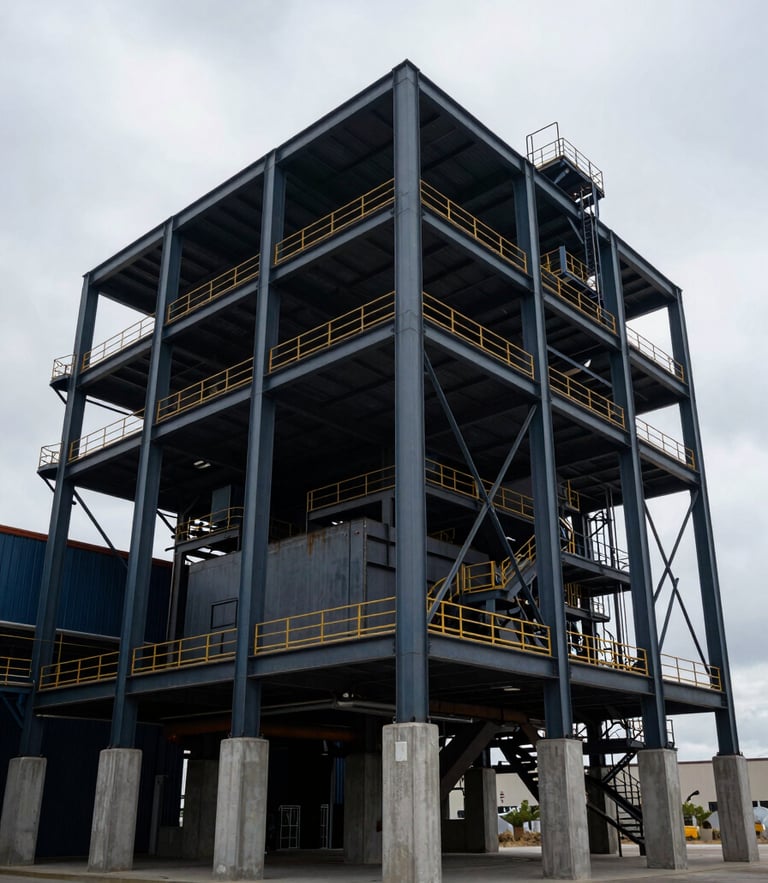 Wide-angle architectural shot of a modern industrial facility in Cedar City, cold overcast daylight, heavy steel frames and raw concrete textures, high-contrast shadows.