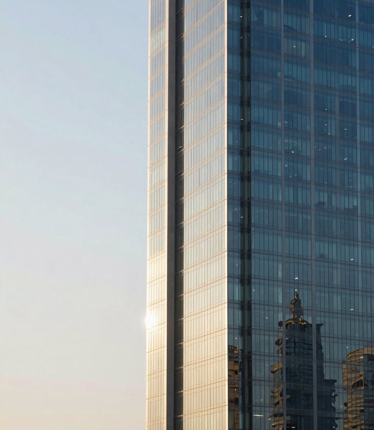 Sharp architectural shot of Riyadh's King Abdullah Financial District under high-contrast morning light, clean lines, steel and glass facade, negative space on the left.