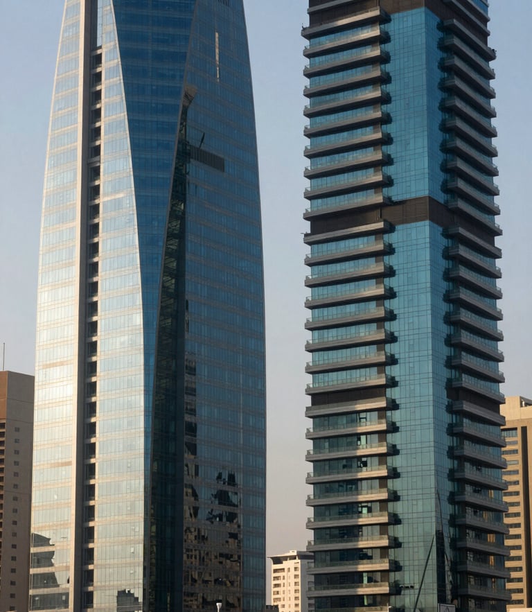Sharp architectural close-up of King Abdullah Financial District towers in Riyadh under bright morning light, emphasizing structured steel and glass facades.