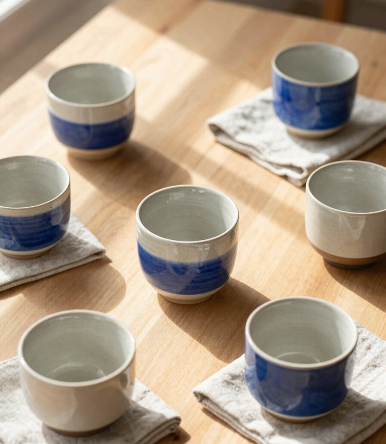 Top-down editorial flat lay of handmade ceramic cups and linen napkins on a sunlit wooden table, soft window shadows, warm neutral tones