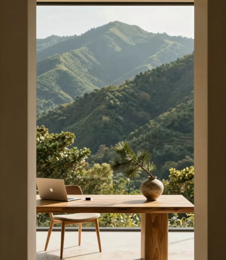 Warm directional mountain daylight illuminating a minimalist, high-end professional workspace with a clean oak table and a single pine branch in a ceramic vase, architectural framing, 35mm