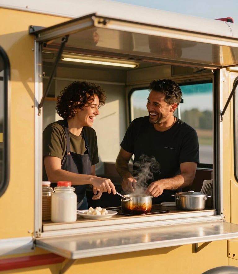 Candid medium shot of Belu and Tony laughing while cooking inside their colorful food truck, warm golden hour sun, 35mm lens.