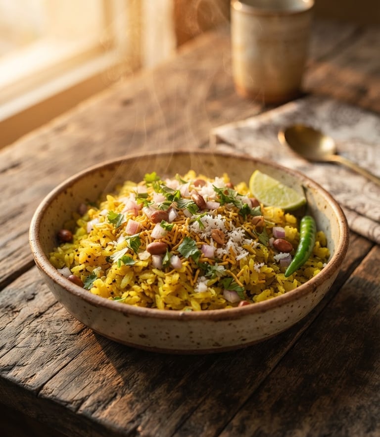 Steaming hot traditional Poha served in a handmade ceramic bowl on a rustic wooden table, warm golden-hour side light, macro shot
