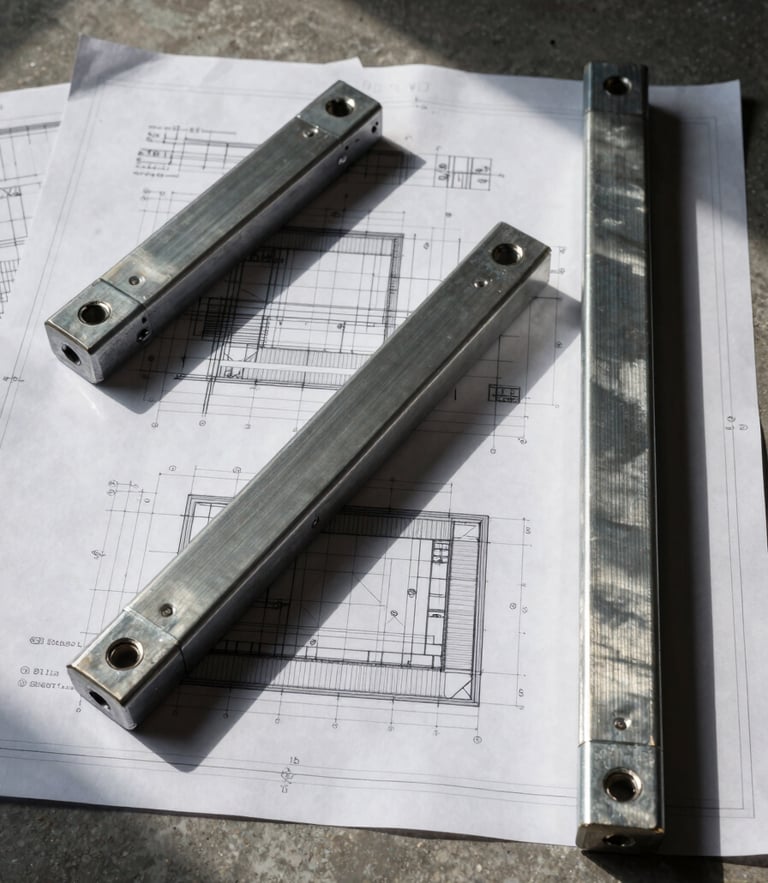 Flat-lay orthographic projection of raw brushed steel joints and technical architectural blueprints on a dark concrete floor, harsh directional shadows.
