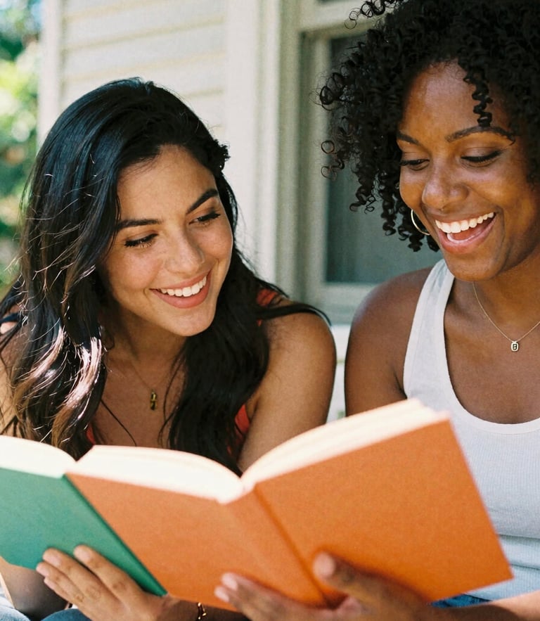 Candid medium-close up of a smiling Latina woman and Black woman sitting together on a sunny porch, holding colorful books, laughing, bright warm natural light, 35mm film look.