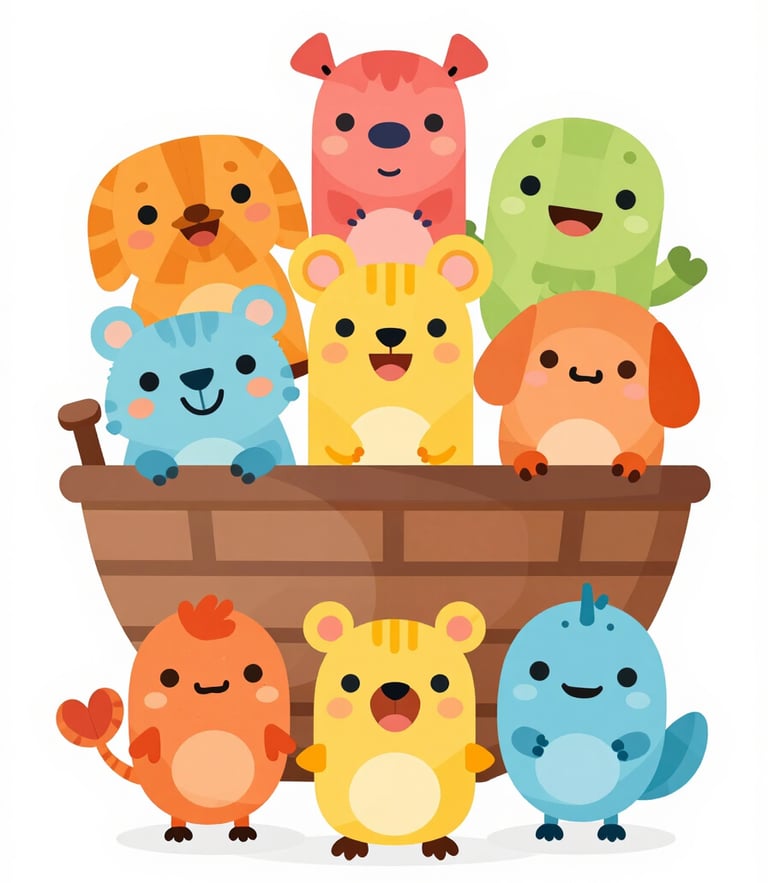 Flat vector illustration of a cheerful Noah's Ark filled with cute cartoon animals, bright primary colors, playful style, clean geometric shapes