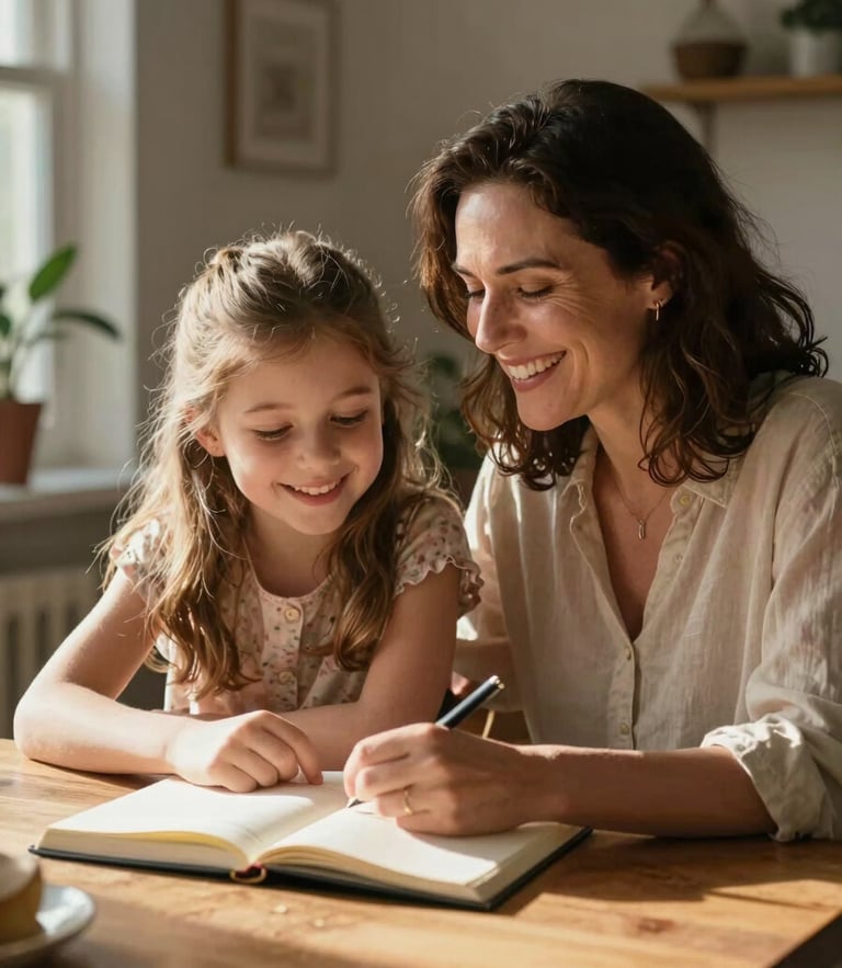 A warm portrait of a mother and daughter sitting together at a wooden dining table, soft afternoon sun lighting the space, sharing a quiet moment of laughter over an open notebook.