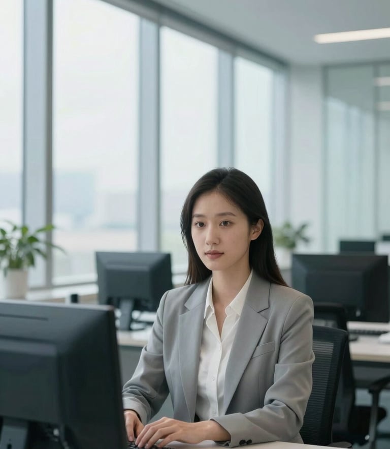 A professional candidate in a bright, modern glass-walled workspace, soft natural overcast daylight, cool blue tones, 35mm portrait