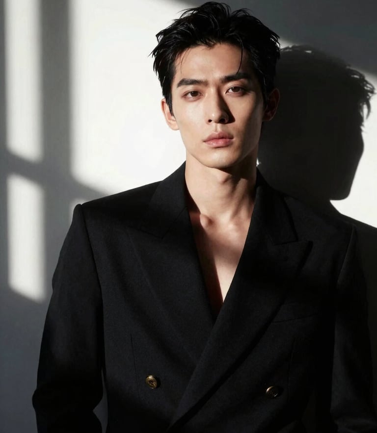 Editorial portrait of a sophisticated model in minimalist black apparel, dramatic low-key window lighting, deep shadows, 35mm