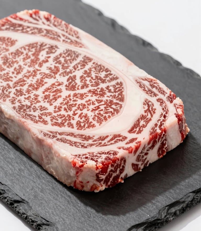 Close-up of premium marbled beef cut on a clean dark slate, natural bright daylight, rich organic tones, sharp focus, 50mm lens