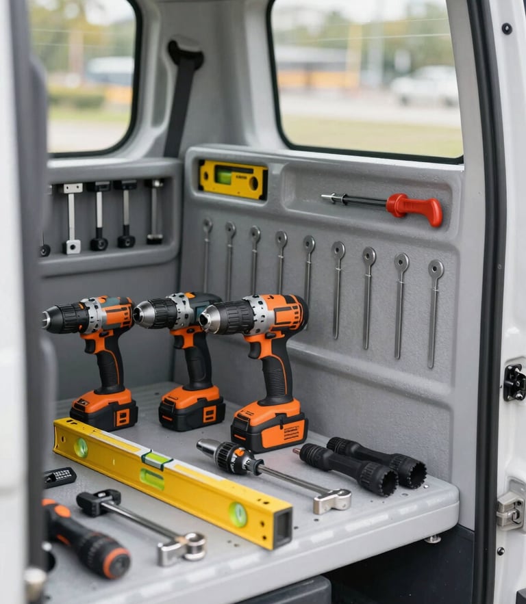 An organized work vehicle interior with neatly arranged professional tools, drills, levels, and mounting hardware, bright natural light, crisp focus