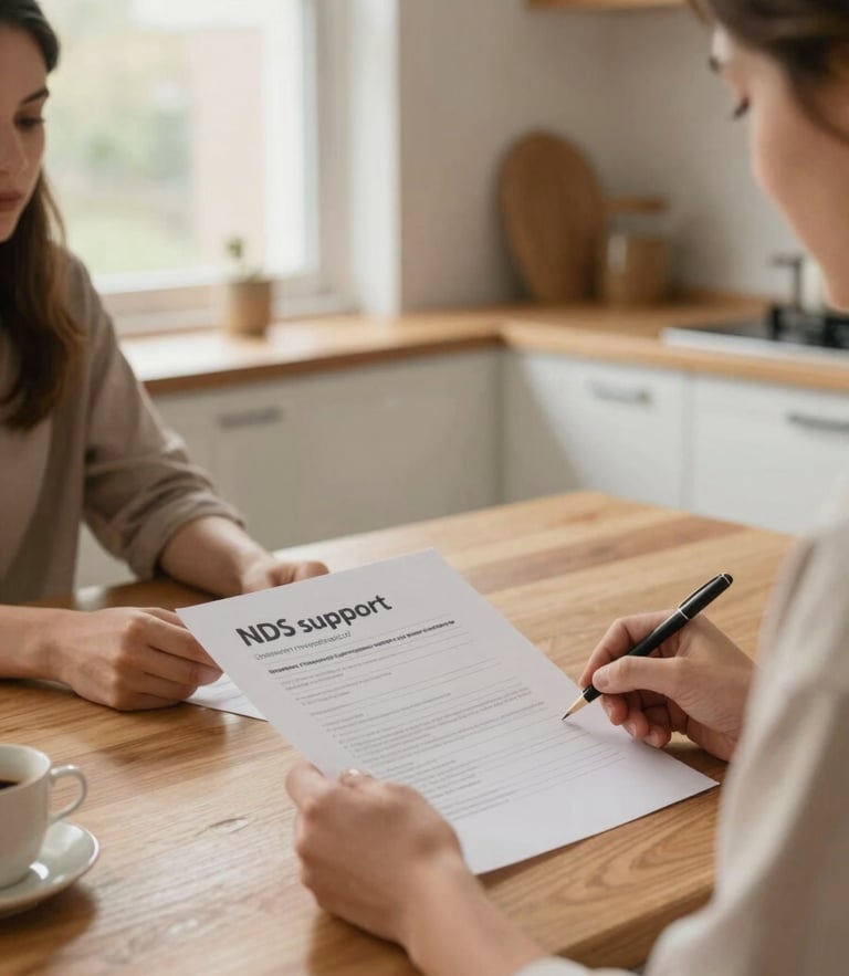 Hands of an NDIS support coordinator reviewing plan documents with a caregiver at a wooden kitchen table, soft natural window light, warm editorial photography style